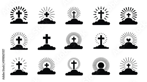 Collection of ascension day themed black silhouette icons featuring christian crosses radiating light above stylized ground mounds symbolizing resurrection hope and spiritual