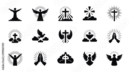 Collection of diverse religious and spiritual symbols including angels crosses praying hands and divine light radiating outwards representing faith hope and devotion in a flat