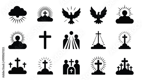 Collection of black silhouette religious icons featuring crosses dove clouds and figures in sacred settings illustrating faith spirituality and hope with radiant light effects