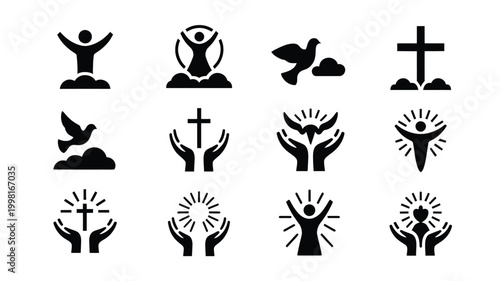 Collection of modern flat vector icons representing faith spirituality hope and divine connection with symbols like crosses doves and figures in prayer and celebration
