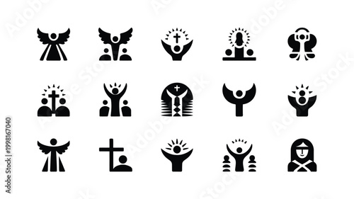 Collection of ascension day and christian religious icons featuring angels crosses and figures in prayer and worship symbolizing faith spirituality and divine connection presented