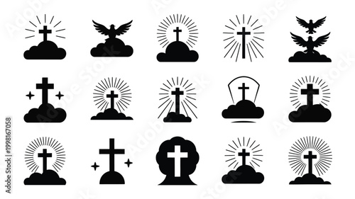 Collection of black silhouette religious icons featuring crosses dove and grave symbols on clouds with radiant light rays representing faith spirituality and hope in a clean