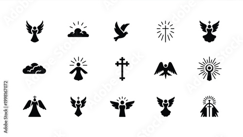 Collection of religious and spiritual vector icons featuring angels crosses doves and divine light symbols for sacred concepts and faith based designs clean flat style