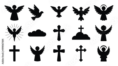 Collection of 15 silhouette icons representing angels doves and crosses symbolizing faith spirituality and peace ideal for religious and spiritual designs and projects