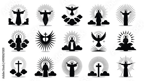 Collection of twelve stylized religious icons featuring figures with halos wings and sunbursts representing divine beings angels and sacred symbols on a clean white background