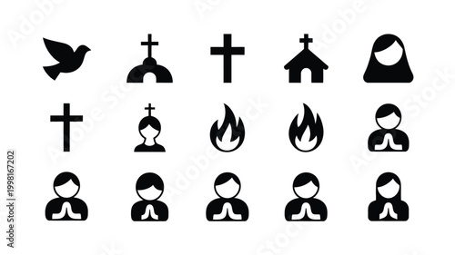 Collection of clean modern flat design religious and spiritual icons in black silhouette representing faith prayer and community for digital or print applications