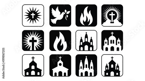 Collection of christian religious symbols and church icons in a square grid featuring crosses flames and doves representing faith spirituality and worship in a clean modern