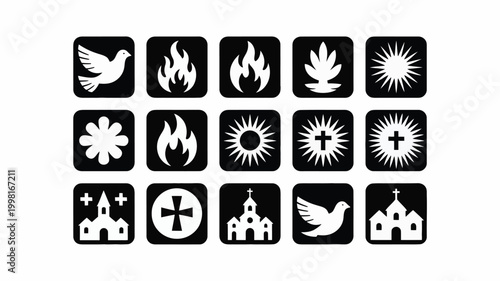 Collection of diverse spiritual and religious silhouette icons including doves churches crosses suns flames and abstract symbols on black squares representing faith belief