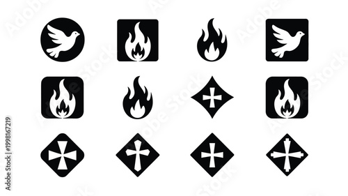 Collection of minimalist black and white vector icons representing spiritual symbols like doves and flames alongside geometric cross designs for religious or abstract concepts