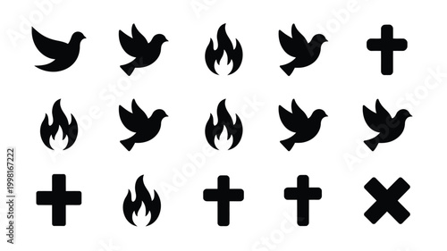 Collection of silhouette icons representing spirituality faith and hope including doves flames crosses and an x mark for diverse religious and spiritual concepts on a clean white