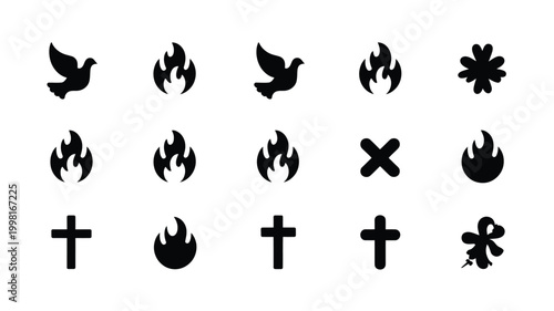 Collection of black silhouette icons representing faith spirituality and divine presence featuring doves flames crosses and abstract symbols on a clean white background versatile