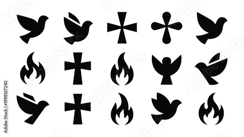 Collection of black silhouette icons representing religious symbols and concepts like doves crosses and flames isolated on a white background ideal for spiritual or faith based