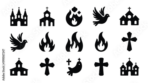 Collection of silhouette icons representing religious symbols churches flames and doves isolated on a white background versatile for spiritual and faith based designs graphic