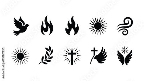 Collection of iconic vector symbols representing faith spirituality and hope dove flames sun wind olive branch cross with rays and winged figures ideal for religious and spiritual
