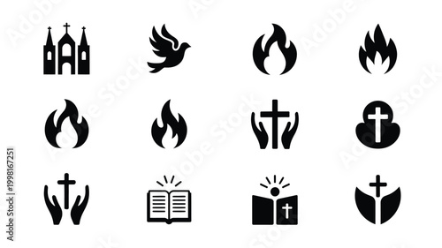 Collection of 12 minimalist black christian religious icons including churches doves flames of the holy spirit crosses held in hands open bibles and abstract symbols