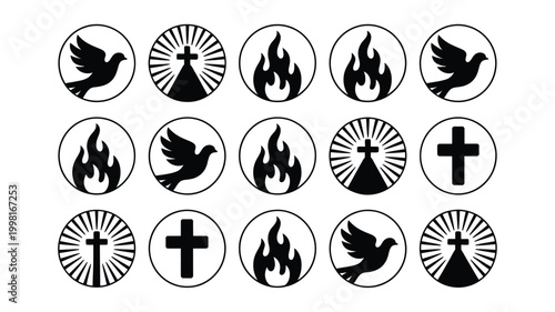 Collection of christian religious symbols including doves crosses and flames representing faith holy spirit and pentecost presented in a clean modern graphic design style