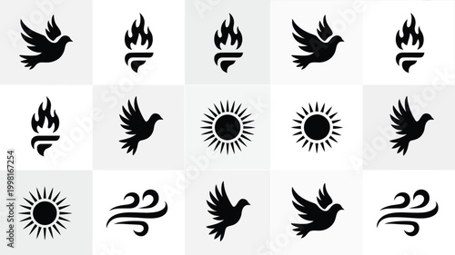 Collection of modern vector graphic icons representing peace freedom energy and nature featuring stylized doves flames suns and wind swirls on a clean geometric grid background