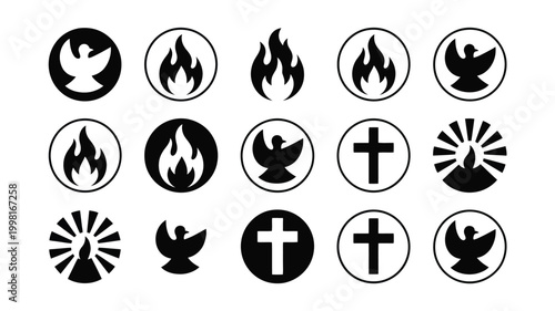 Collection of christian religious symbols including dove of peace flame of holy spirit and cross icons in circles representing faith spirituality and divine inspiration
