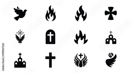 Collection of black christian religious icons and symbols featuring dove cross flames church and angel silhouettes on white background representing faith and spirituality