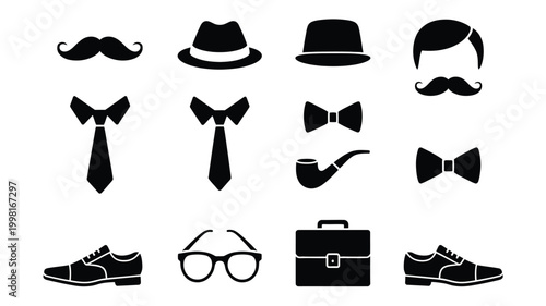 Collection of classic gentleman's accessories and style elements including mustaches hats ties bow ties smoking pipes eyeglasses briefcases and dress shoes presented as clean