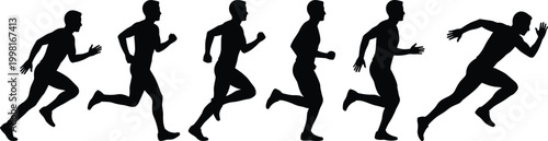 Running people silhouettes set isolated on white background, active lifestyle concept, jogging and sprinting motion sequence, fitness training, minimal vector illustration for sports, health