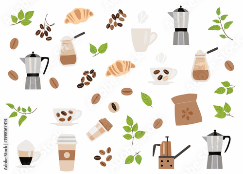 Coffee illustration with beans croissants and brewing equipment