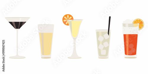 cocktail illustrations in various glasses flat vector style