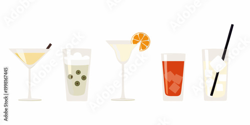 Cocktails in glasses flat vector illustration on white background