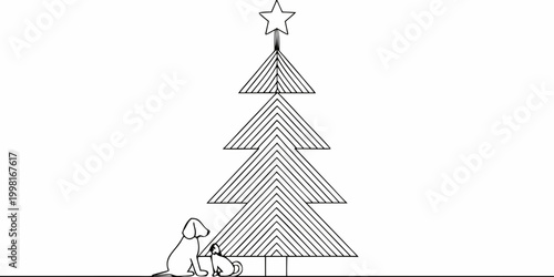 Line drawing of christmas tree and dog minimalist style