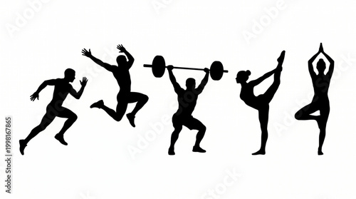 Dynamic Actions: A silhouette montage capturing the energy of diverse physical activities, showcasing the human form in motion, from running to weightlifting, yoga, and graceful poses. 