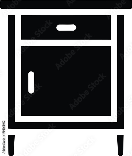 Black and white of a nightstand with drawer and door