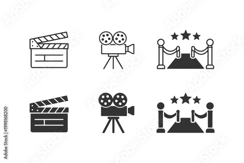 Cinema icons: clapperboard, projector, red carpet - film industry essentials.
