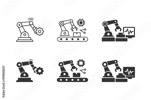 Set of robotic arm icons: automation, assembly line, and technology concepts.