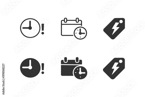 Time and event icons: clock, calendar, tag symbols in black and white.