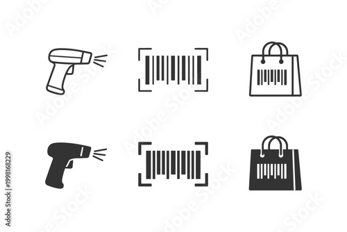 Barcode scanning icons: handheld scanner, barcode, shopping bag.