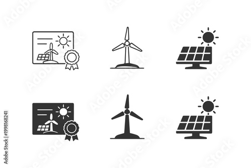 Renewable energy icons featuring wind turbines and solar panels.