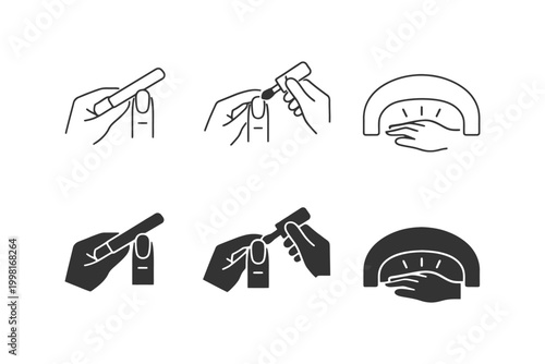 Black and white icons of nail care process including filing, polishing, and drying techniques.