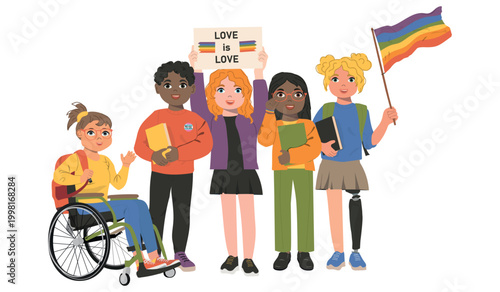 LGBT pride month banner. Teenagers of defferent nationalities vector illustration