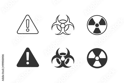 Collection of warning sign icons featuring alert, biohazard, and radioactive symbols.