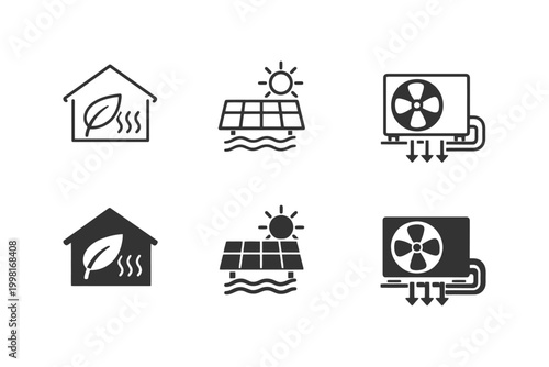 Renewable energy icons set: solar panels, eco-friendly home, hvac system.