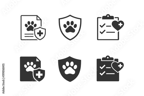 Set of veterinary symbols featuring paw print, medical shield, and checklist icons.
