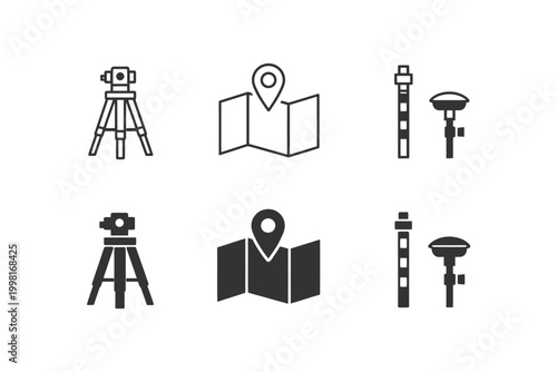 Surveying instruments and map icons set for geolocation and navigation.