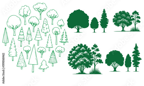 Variety of trees illustration a botanical collection in green tones
