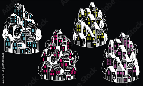 Abstract cityscape colorful buildings in a dreamlike chaotic composition