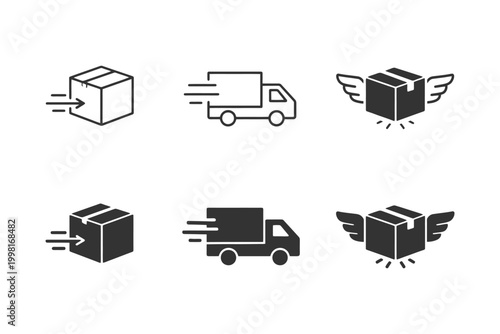 Delivery icons set: fast shipping, courier van, winged packages.
