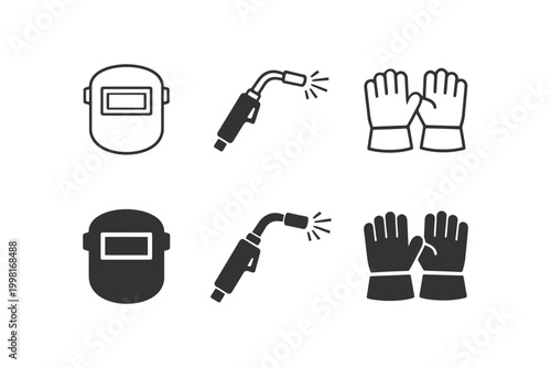 Welding equipment icons set with helmet, torch, gloves for safety and protection.
