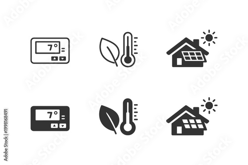 Smart home energy management icons with thermostat, leaf, and solar roof.