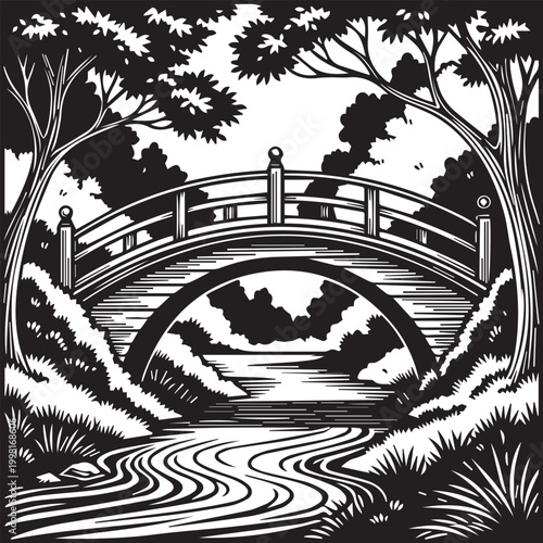Vintage woodcut of a Japanese bridge and serene water landscape