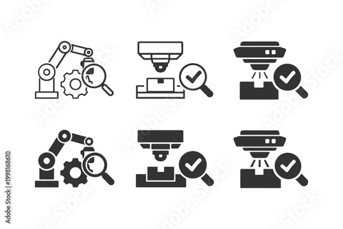 Robotics and quality control icons: automation and inspection tools.