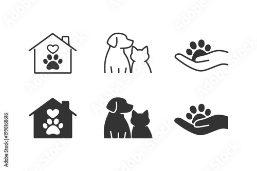 Animal shelter icons featuring paw prints, dogs, cats, and homes.